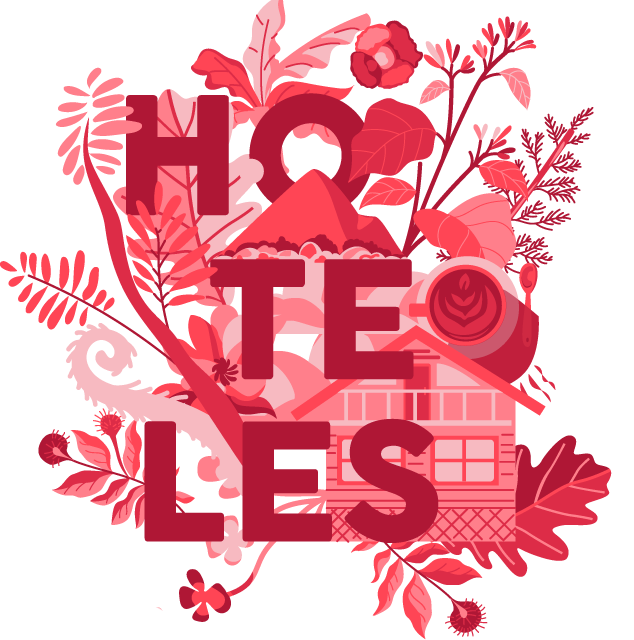 ilustración de la palabra hoteles color rojo con diferentes plantas y casas ilustradas